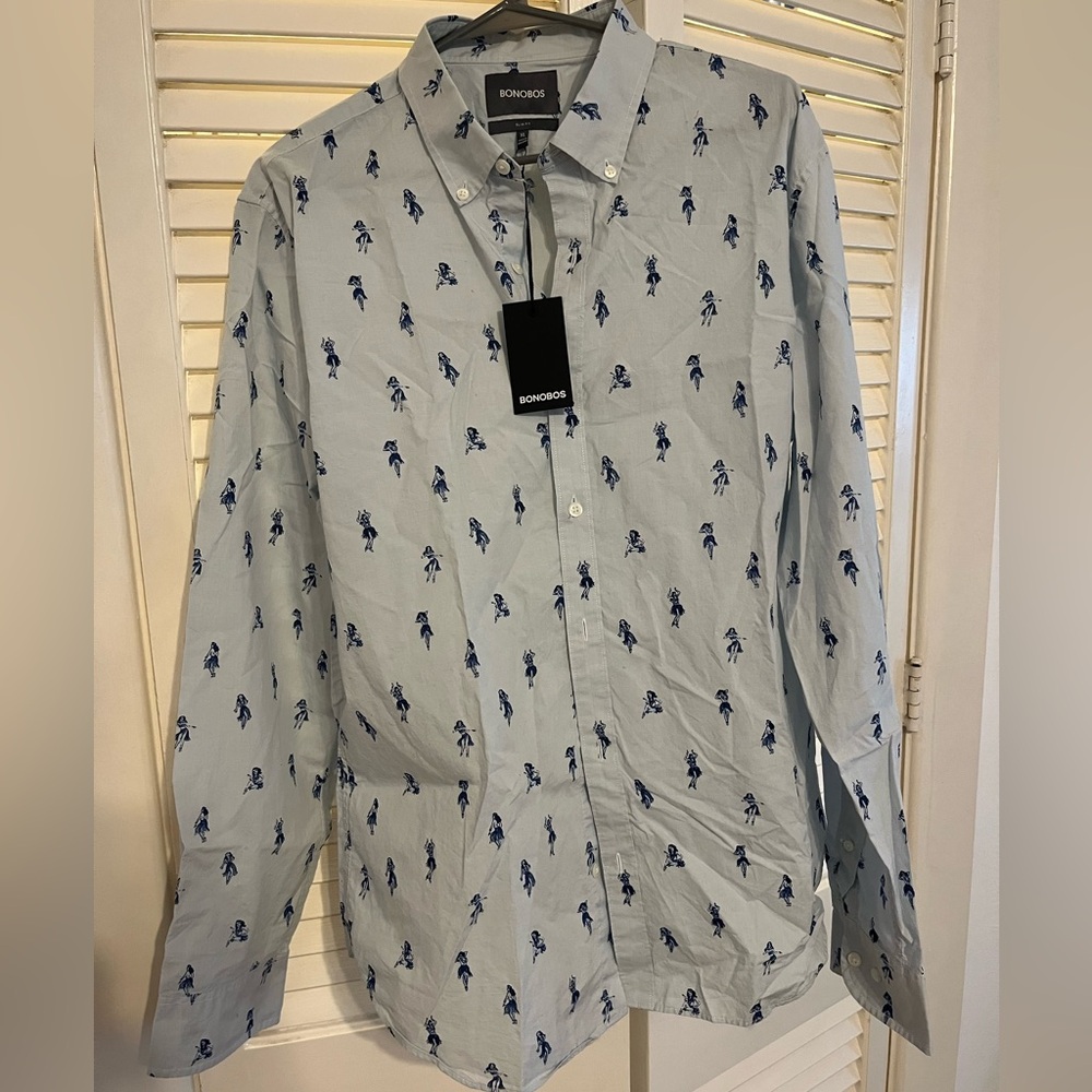 Bonobos Button Down Hula Girl Slim Fit Shirt Light Blue XL Extra Large